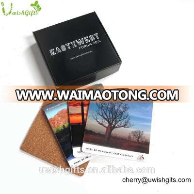 Custom logo Australia souvenir gifts set wholesale square cork coasters with boxes packaging